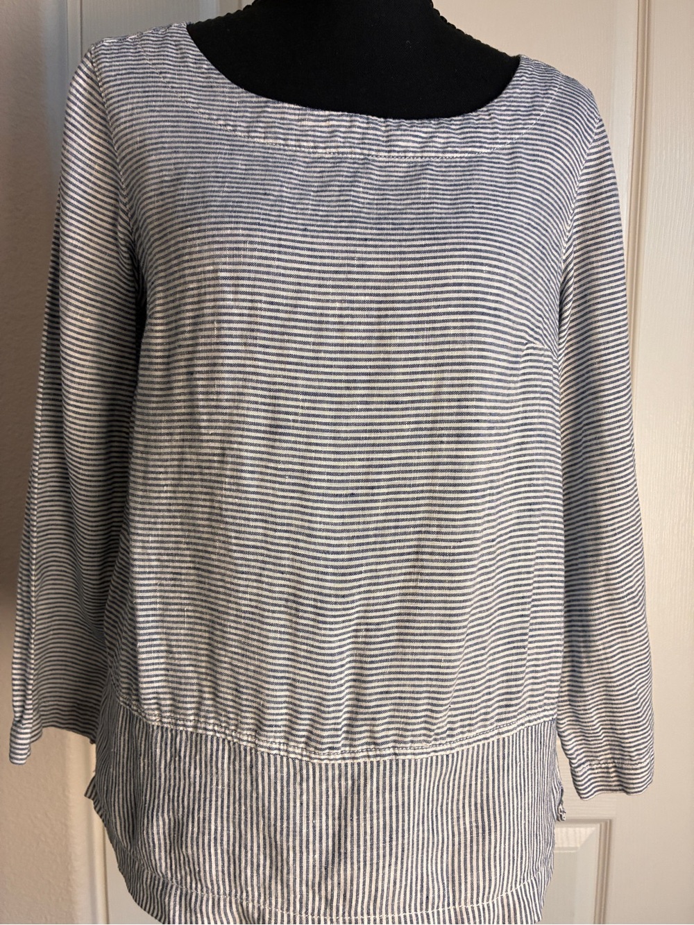 Tahari Navy and White Striped Linen Top